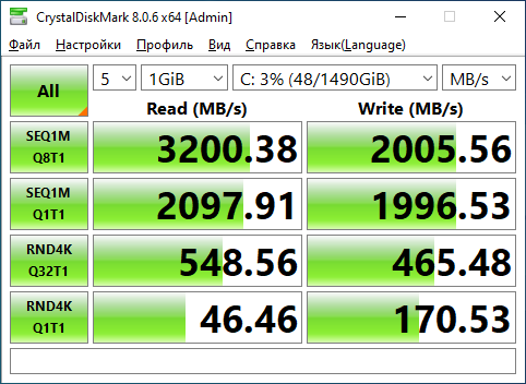 CrystalDiskMark 8.0.6 результат на NVMe — SEQ1M Read 3200 МБ/с, Write 2006 МБ/с