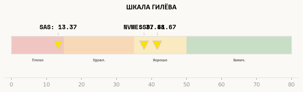 Шкала оценок Гилёва с отметками результатов E5-2689v4: NVMe 37.88, SSD 41.67, SAS 13.37