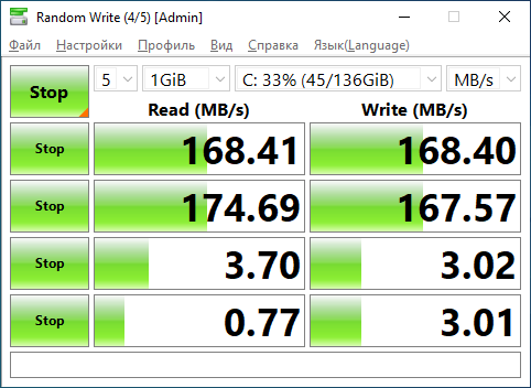 CrystalDiskMark 8.0.6 результат на SAS с E5-2689v4 — SEQ1M Read 168 МБ/с, Write 168 МБ/с