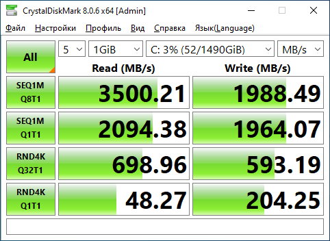 CrystalDiskMark 8.0.6 результат NVMe на Gold 5217 — SEQ1M Read 3 500 МБ/с, Write 1 988 МБ/с