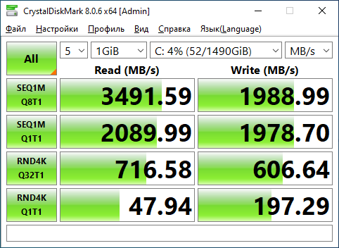CrystalDiskMark 8.0.6 результат NVMe на Gold 6126 — SEQ1M Read 3 491 МБ/с, Write 1 988 МБ/с