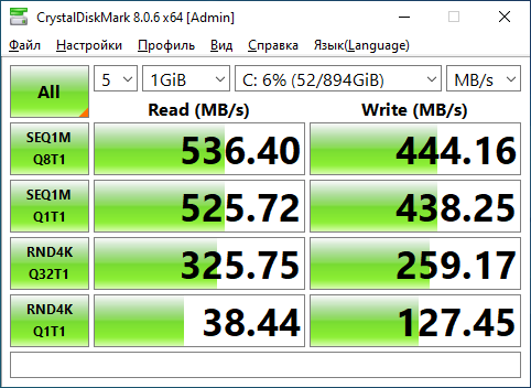 CrystalDiskMark 8.0.6 результат SSD на Gold 6126 — SEQ1M Read 536 МБ/с, Write 444 МБ/с