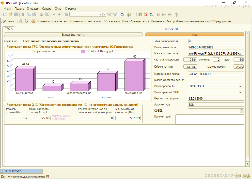 Результат теста Гилёва TPC+G1C на Intel Xeon Gold 6132 с NVMe — 44.64 балла