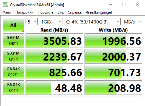CrystalDiskMark 8.0.6 результат на NVMe — SEQ1M Read 3 506 МБ/с, Write 1 997 МБ/с