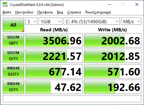 CrystalDiskMark 8.0.6 результат на NVMe — SEQ1M Read 3 507 МБ/с, Write 2 003 МБ/с