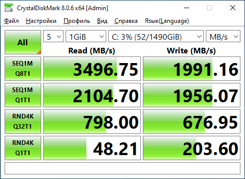 CrystalDiskMark 8.0.6 результат на NVMe — SEQ1M Read 3 497 МБ/с, Write 1 991 МБ/с