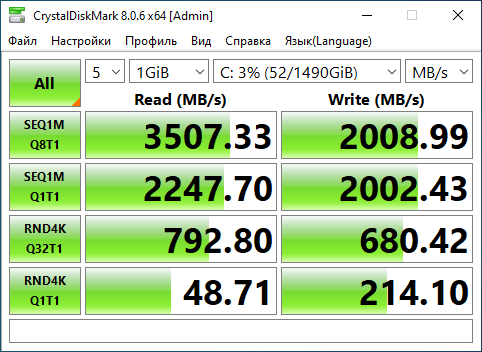 CrystalDiskMark 8.0.6 результат на NVMe — SEQ1M Read 3 507 МБ/с, Write 2 009 МБ/с