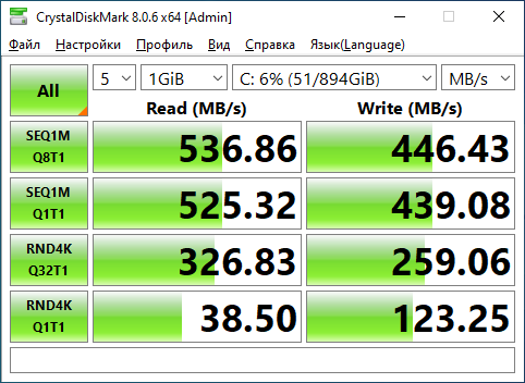 CrystalDiskMark 8.0.6 результат SSD на Silver 4214 — SEQ1M Read 536 МБ/с, Write 446 МБ/с